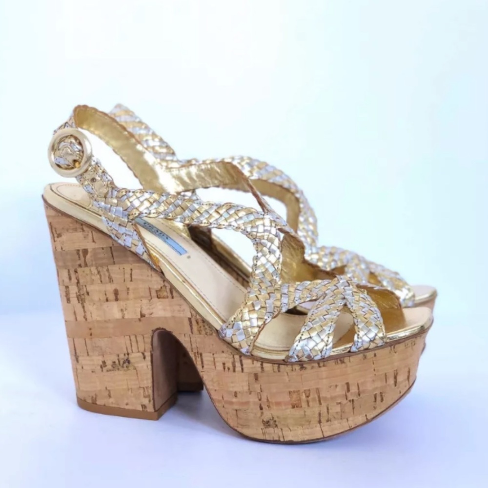 Prada woven gold and silver cork heel platform sandals 10.5